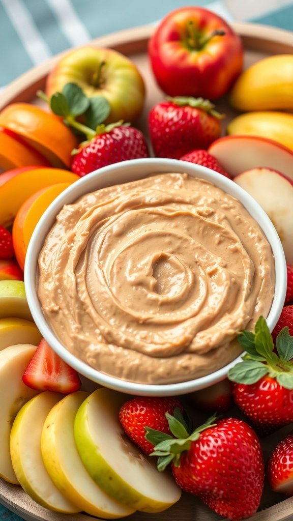 A creamy peanut butter dip served with fresh fruits like apples, strawberries, and peaches.