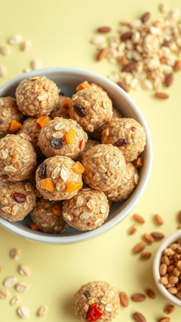 A bowl of peanut butter protein energy balls with dried fruits and nuts.