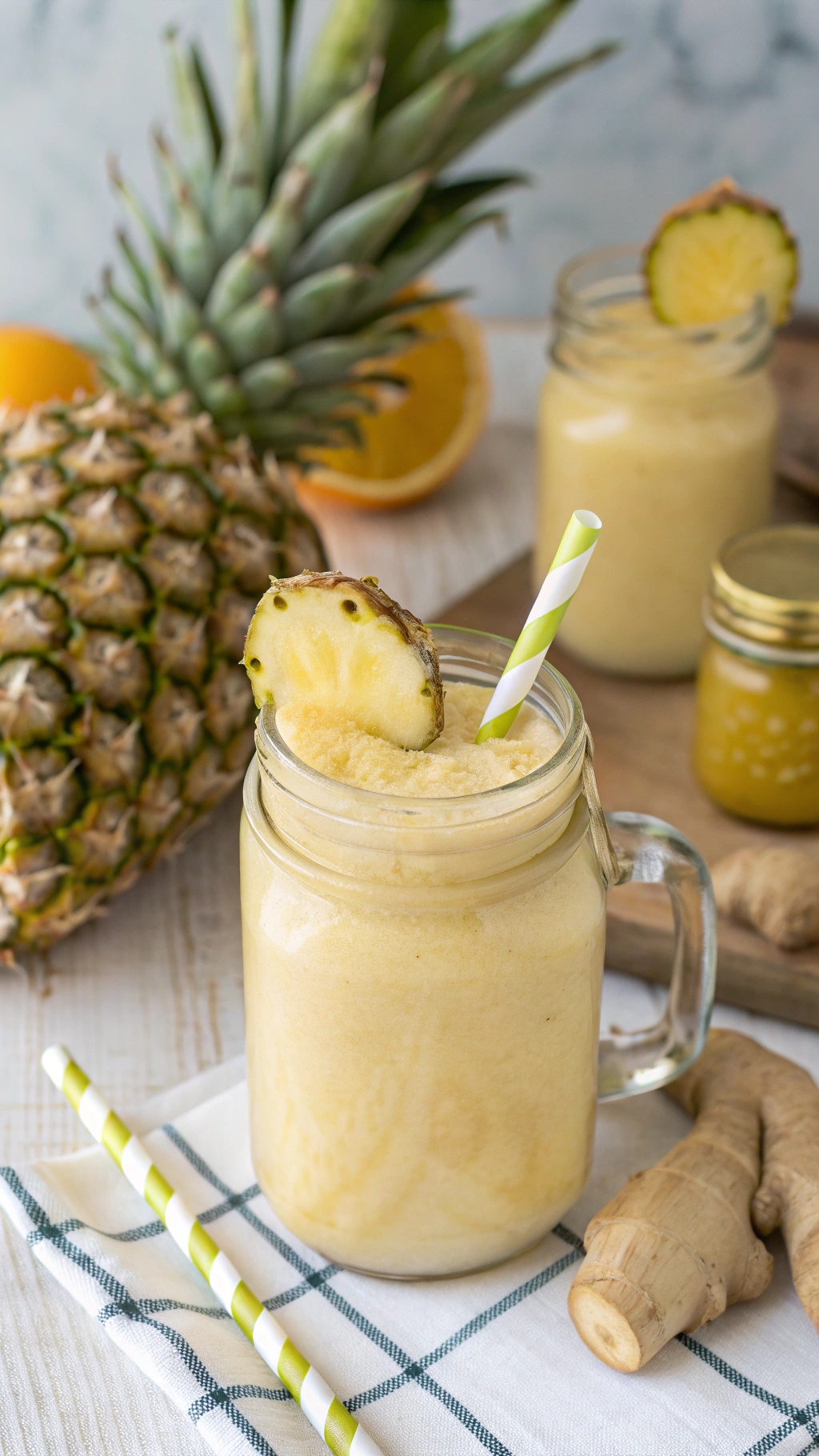 A refreshing pineapple ginger smoothie in a mason jar with a slice of pineapple on top, surrounded by fresh pineapples and ginger root.