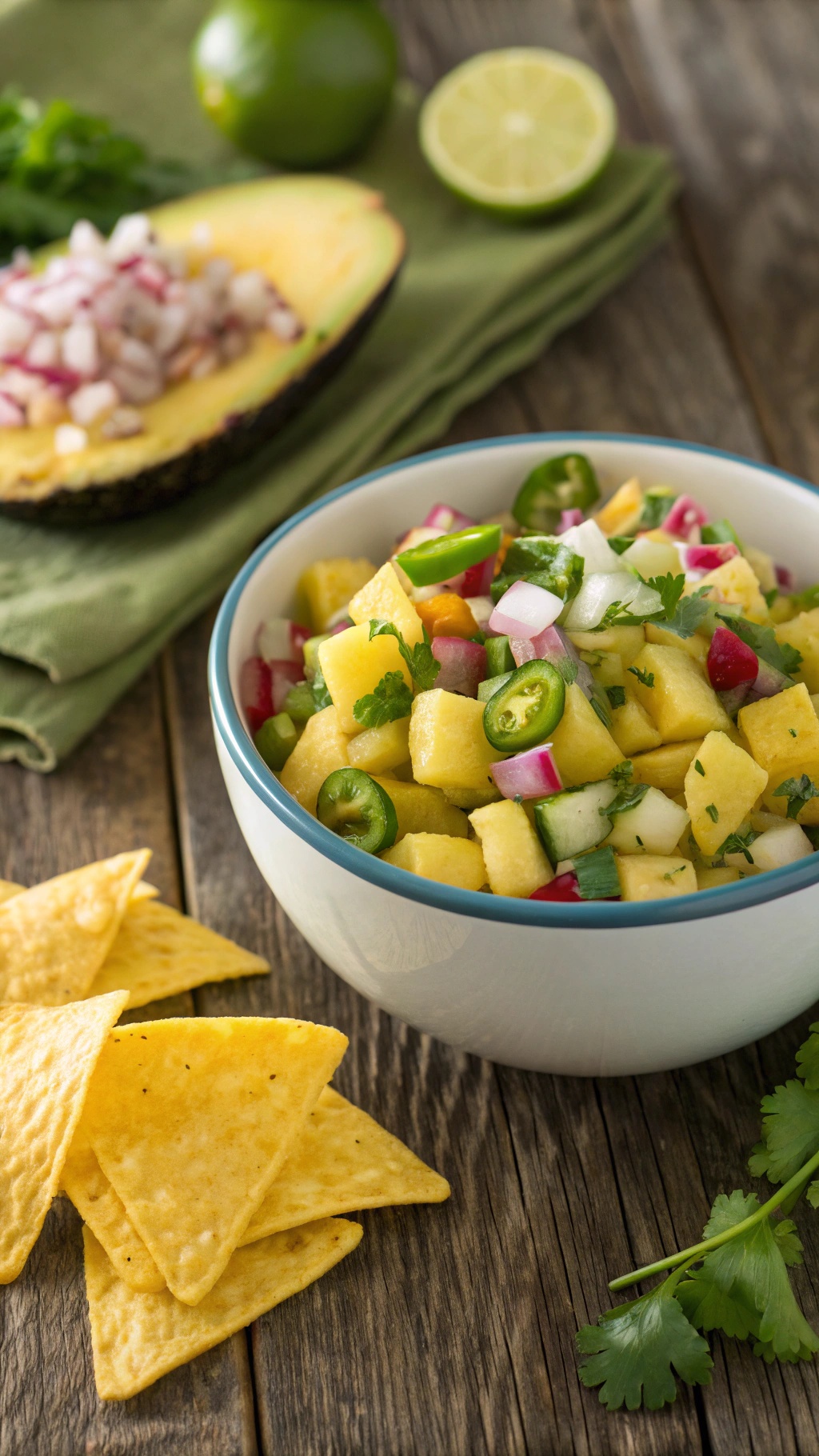 A bowl of pineapple salsa with tortilla chips, lime, and cilantro on a wooden table.