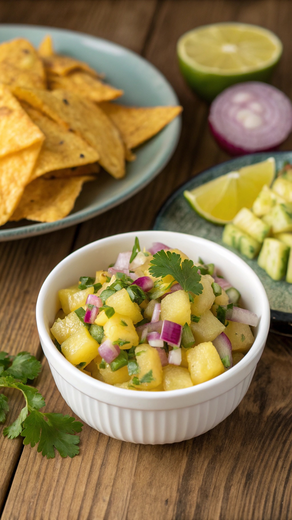 A bowl of pineapple salsa with diced pineapple, red onion, cilantro, and jalapeño, served with tortilla chips.