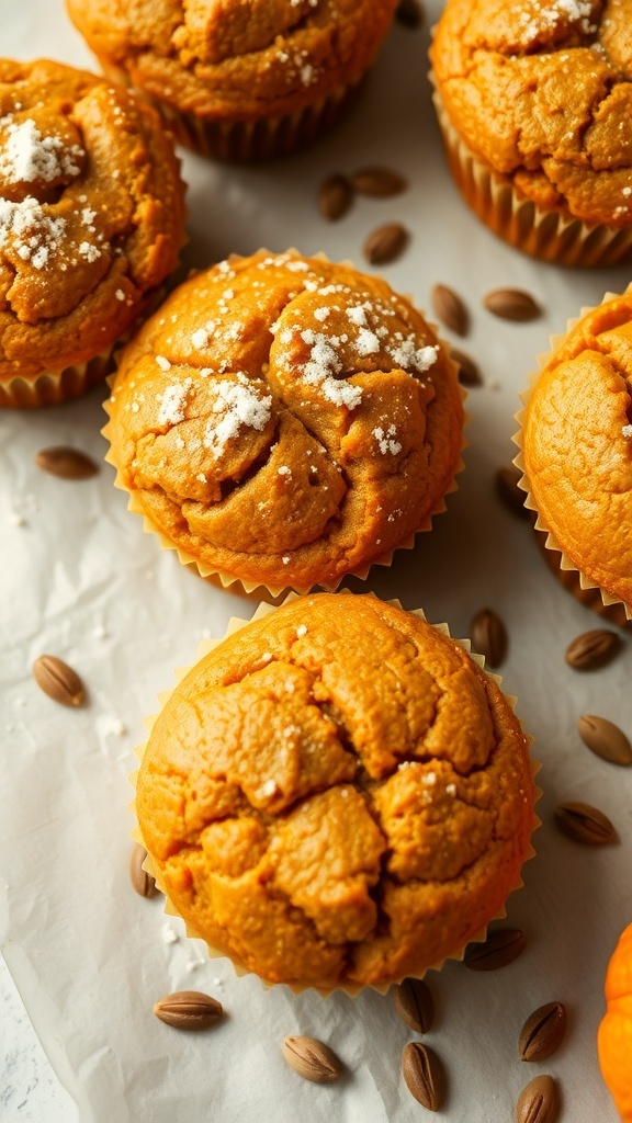 Zesty pumpkin muffin tops with powdered sugar on top, surrounded by pumpkin seeds.