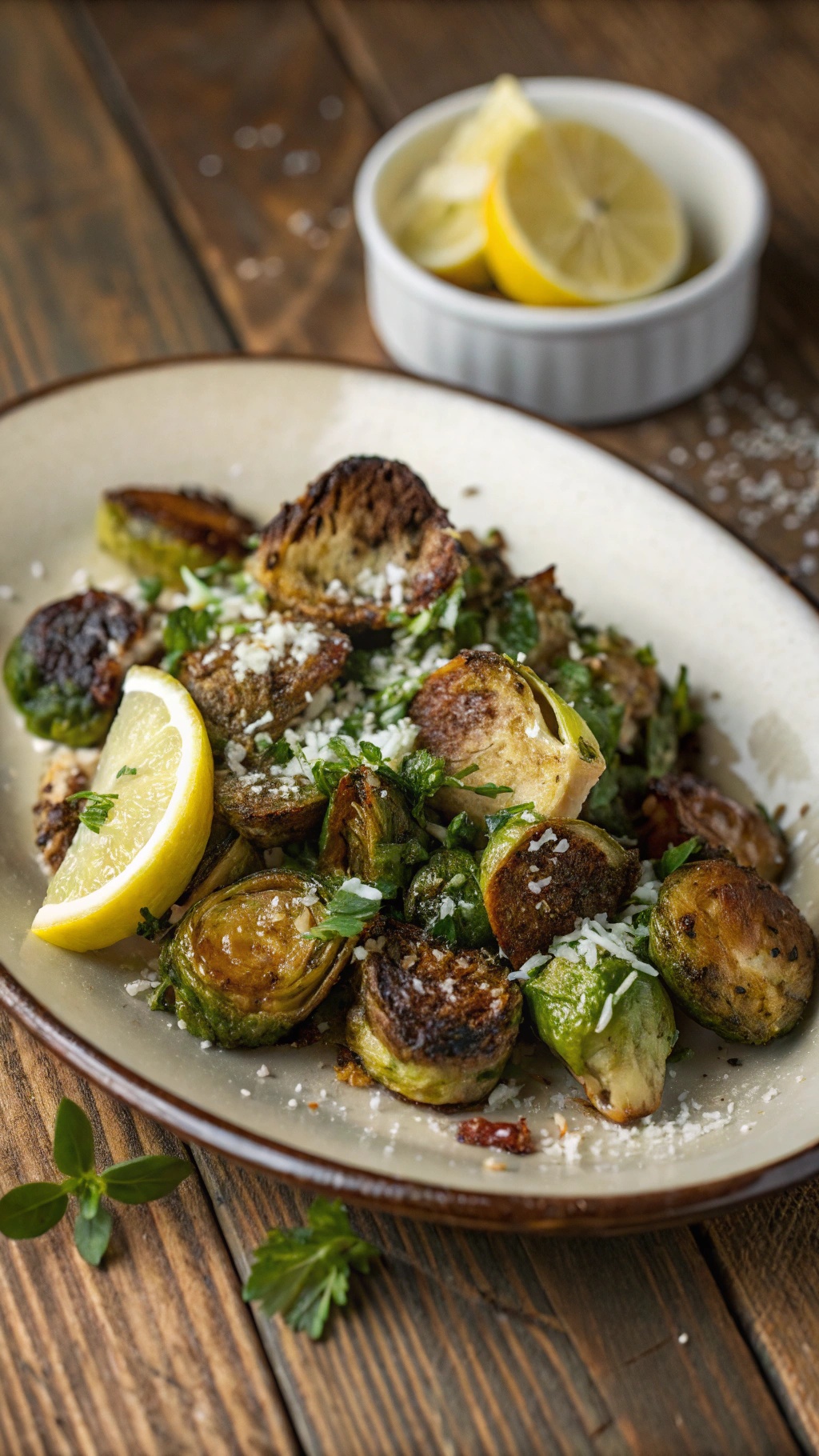 Zesty roasted Brussels sprouts with Parmesan cheese and lemon wedges on a plate.