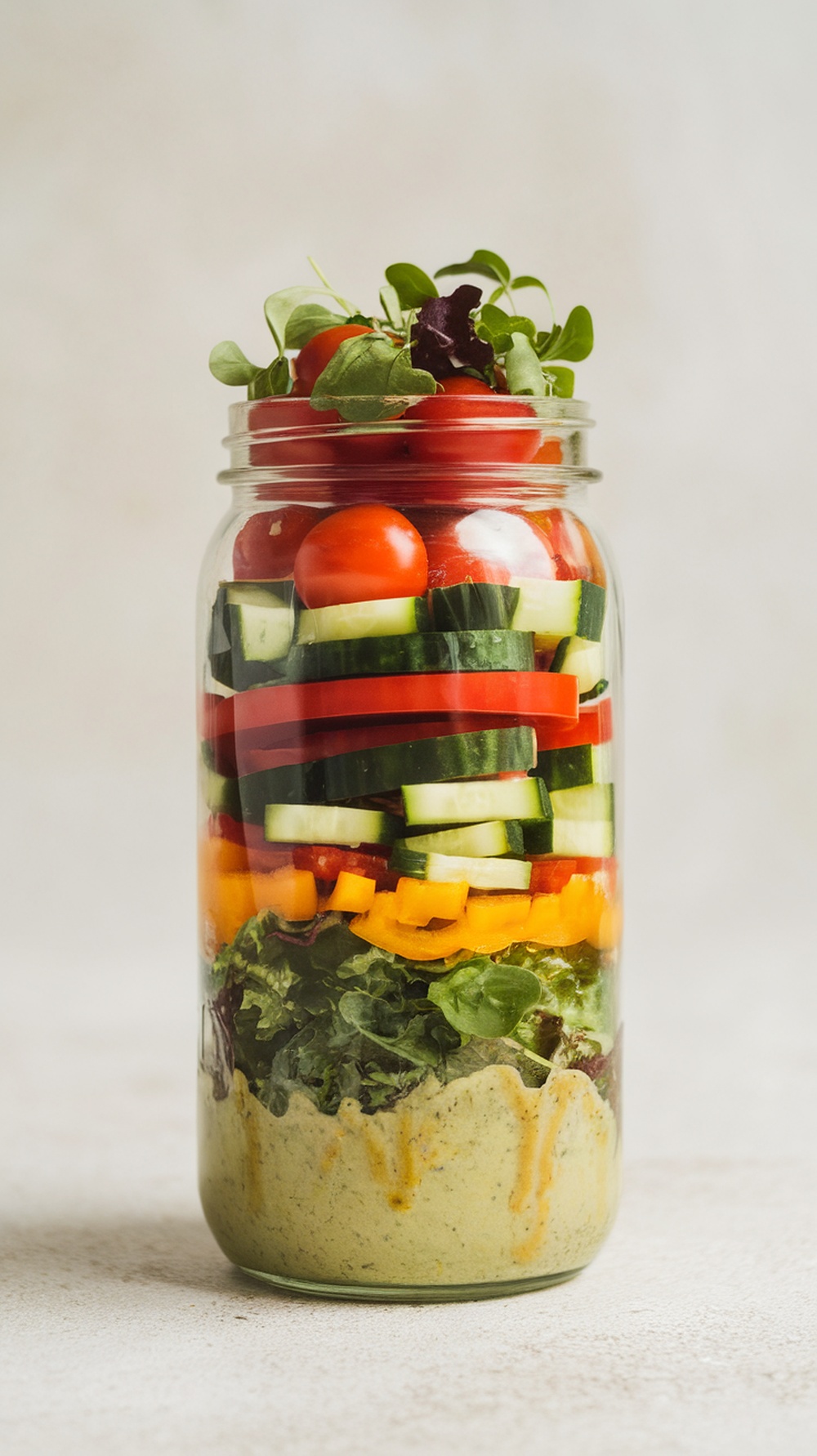 A colorful salad jar filled with layers of fresh vegetables and greens.