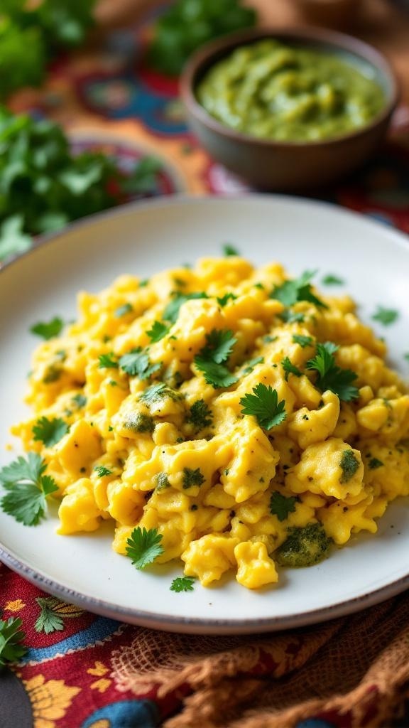 A plate of scrambled eggs topped with salsa verde and cilantro