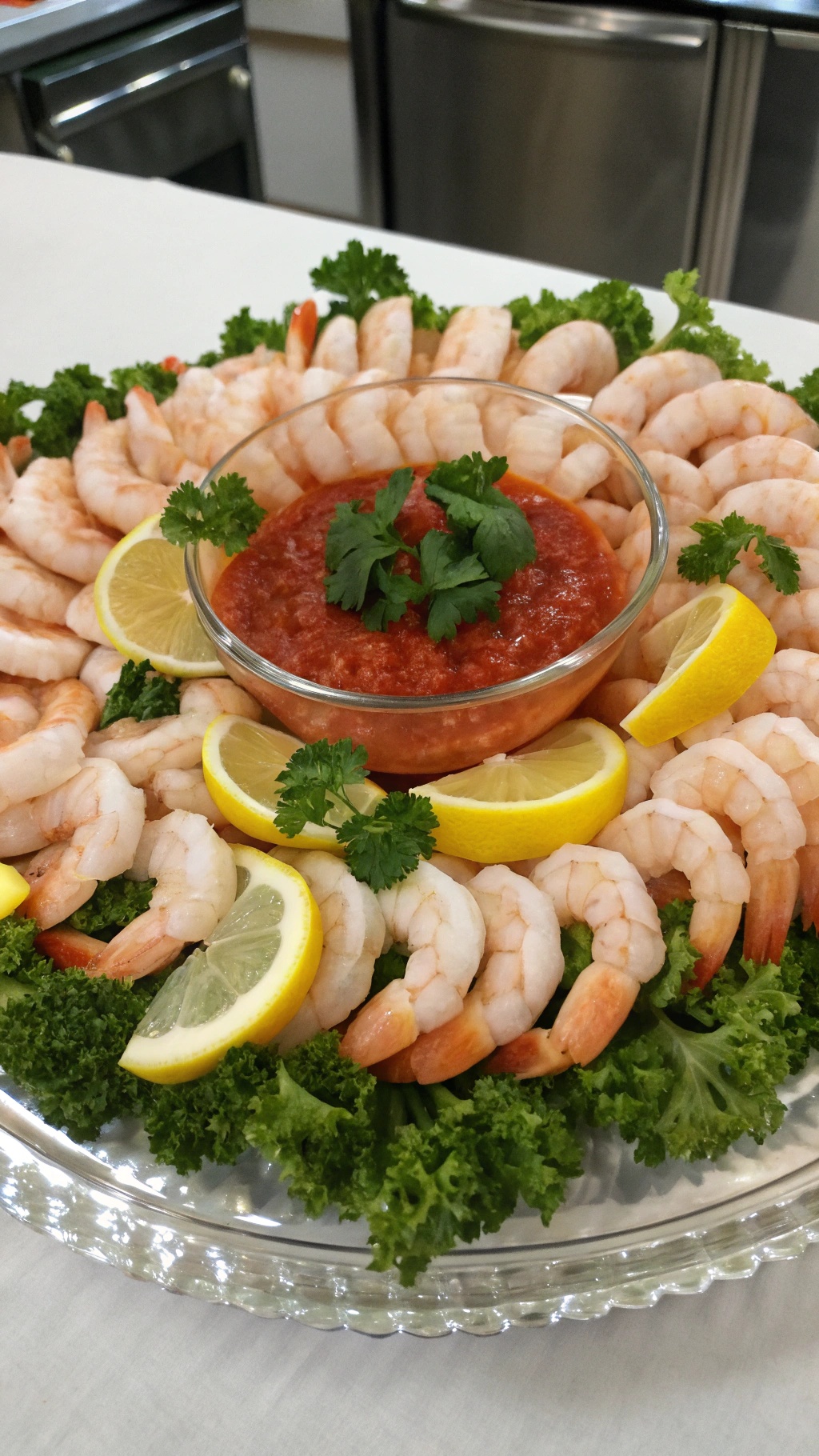 A beautifully arranged shrimp cocktail platter with shrimp, lemon wedges, and a spicy dipping sauce.
