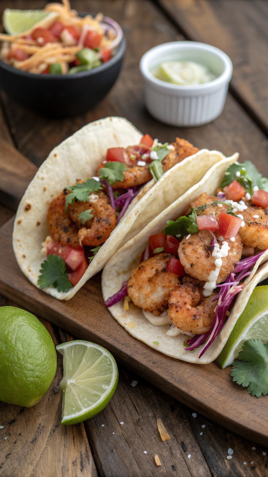 Zesty shrimp tacos with fresh toppings and lime wedges