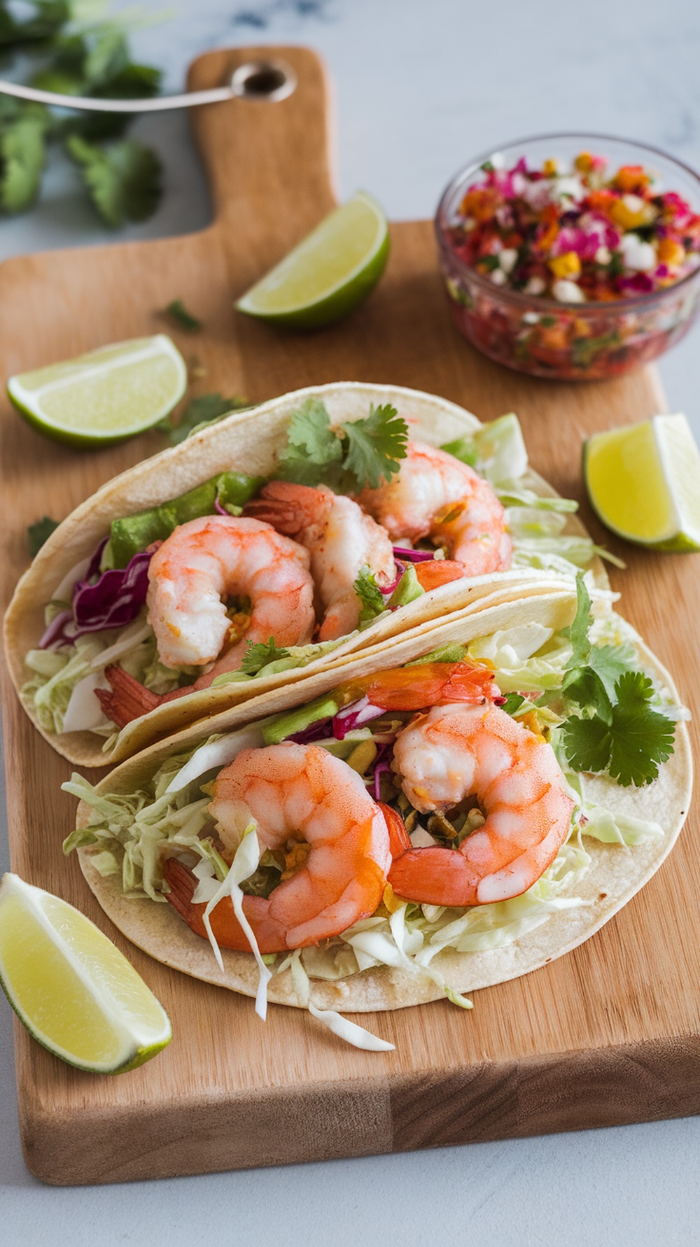Shrimp tacos with cabbage slaw on a wooden cutting board with lime wedges and salsa