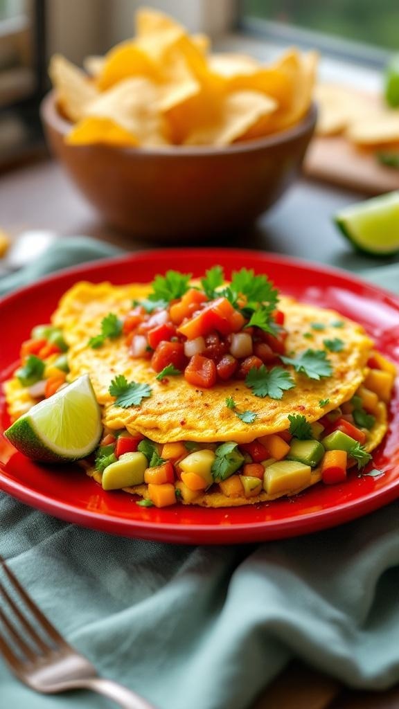 A colorful Zesty Southwest Omelet topped with salsa and avocado, served on a red plate with a side of tortilla chips.