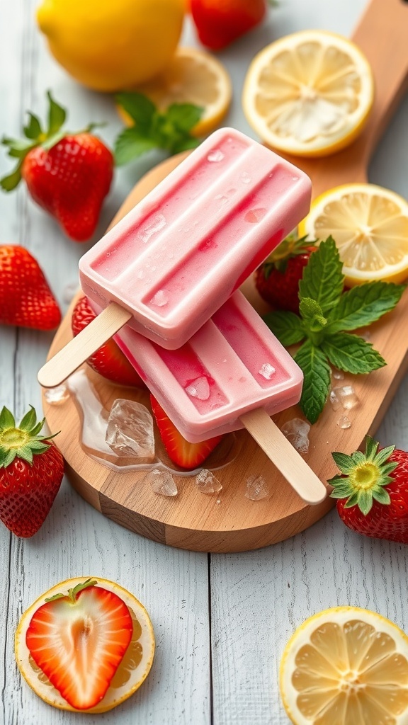 Zesty Strawberry Lemonade Popsicles on a wooden board with fresh strawberries and lemon slices