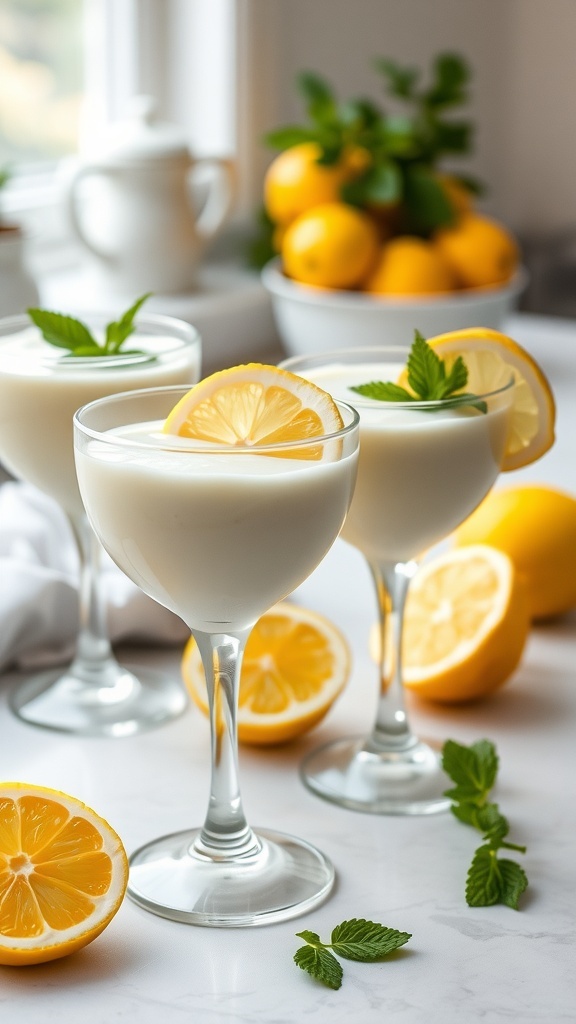 Low-carb lemon mousse in elegant glasses, garnished with lemon slices.