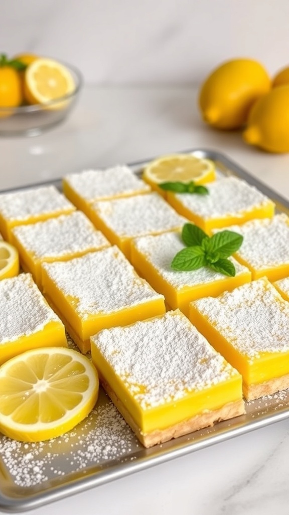 A tray of lemon bars dusted with powdered sugar, garnished with lemon slices and mint leaves.