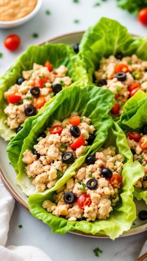 A plate of zesty tuna salad lettuce wraps with cherry tomatoes and olives.