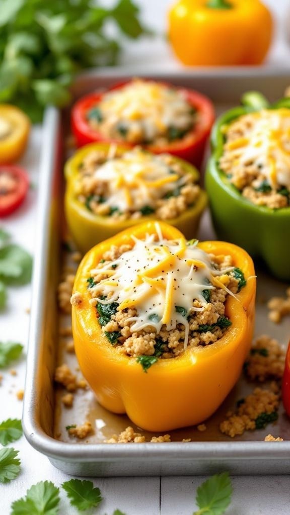 Colorful stuffed bell peppers filled with turkey and spinach, topped with cheese.