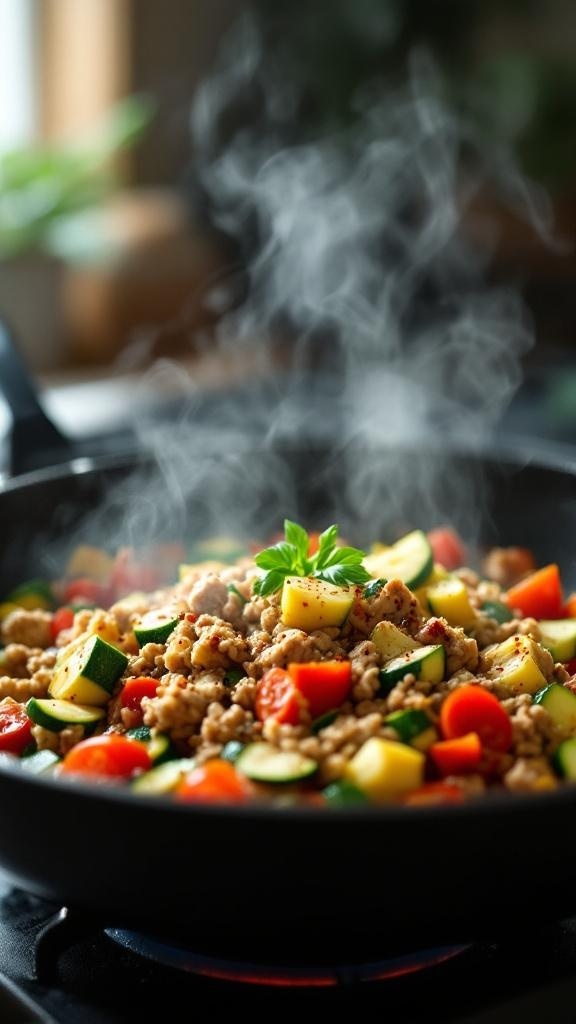 A colorful skillet filled with ground turkey, zucchini, and red bell peppers, steaming on a stove.