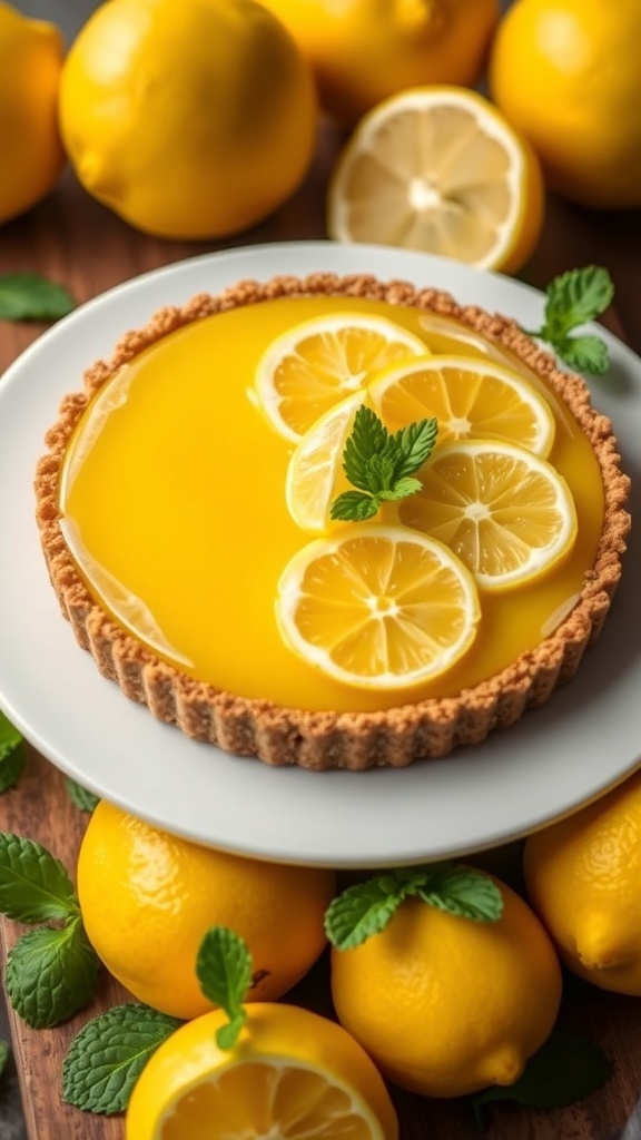 A vibrant vegan lemon tart with an almond crust, garnished with lemon slices and mint leaves, surrounded by fresh lemons.