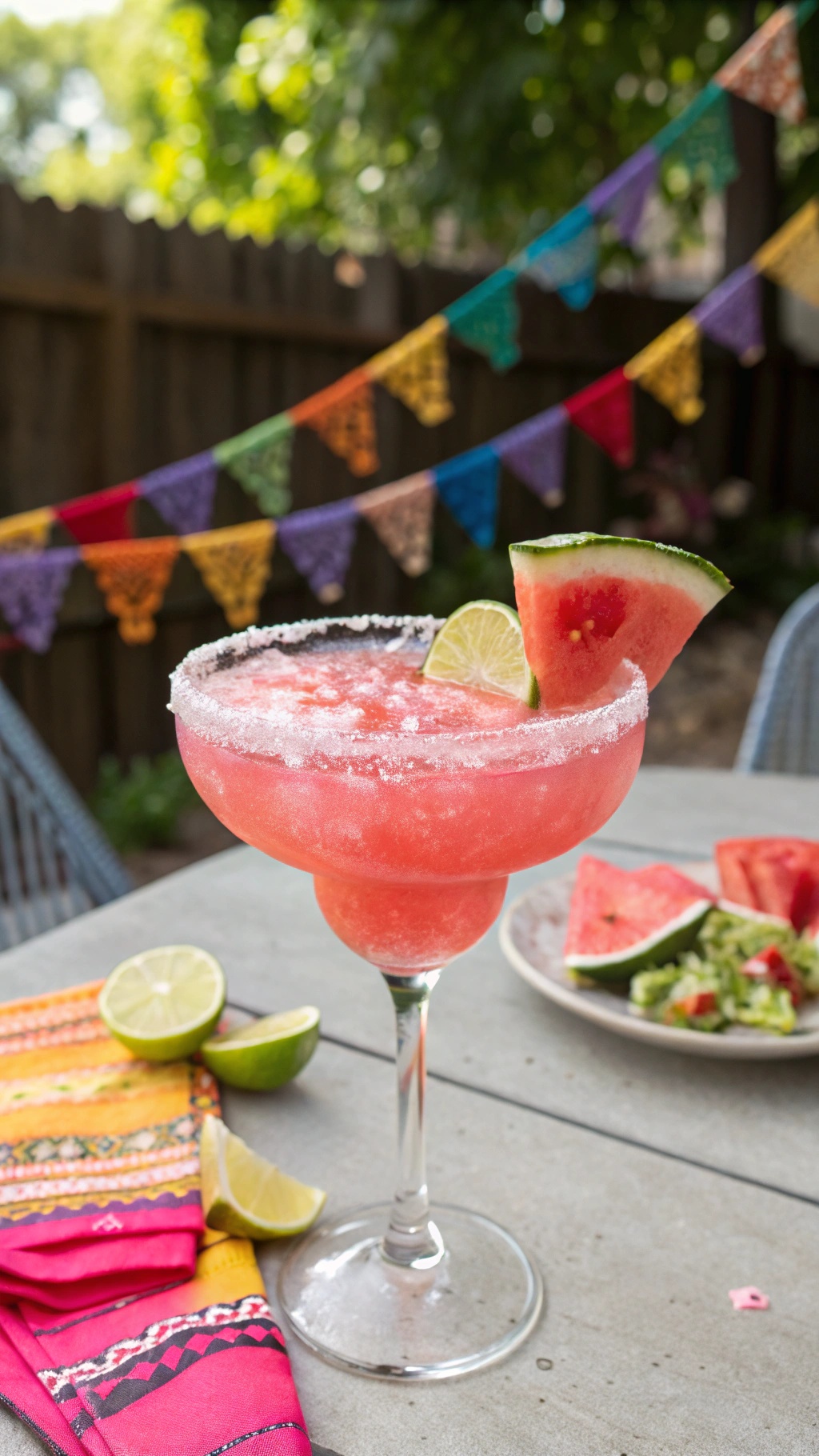 A vibrant Zesty Watermelon Skinny Margarita garnished with watermelon and lime, set against colorful banners.