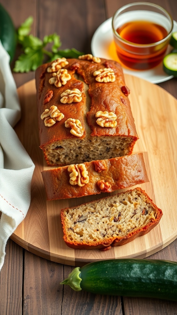 A loaf of zucchini bread topped with walnuts, sliced and placed on a wooden board, with a cup of tea and a zucchini beside it.