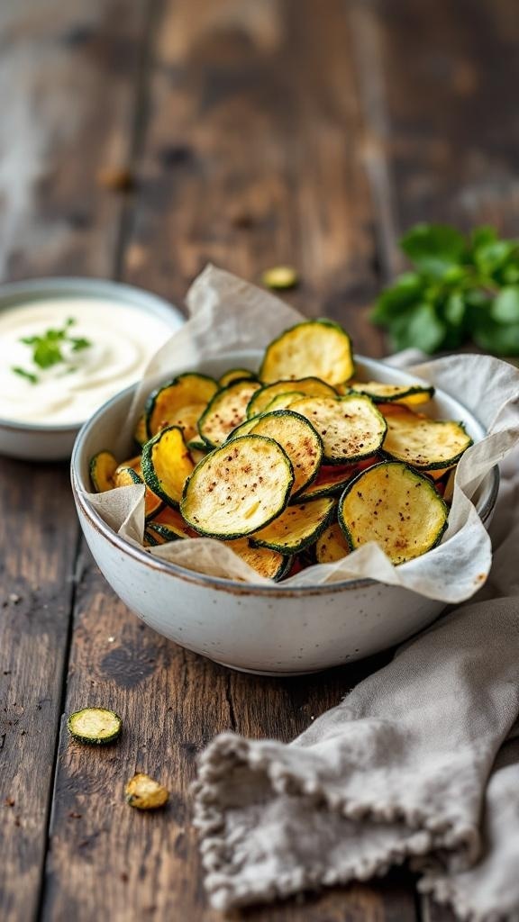 A bowl of crispy zucchini chips with a creamy dip on the side, set on a wooden table.