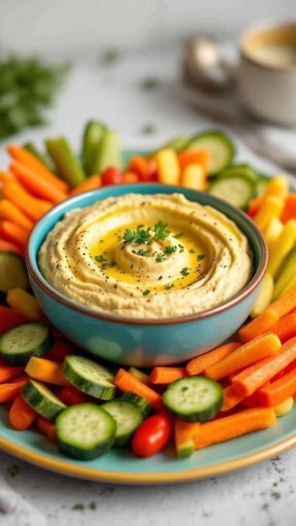 A bowl of zucchini hummus surrounded by colorful veggie sticks including carrots, cucumbers, and bell peppers.
