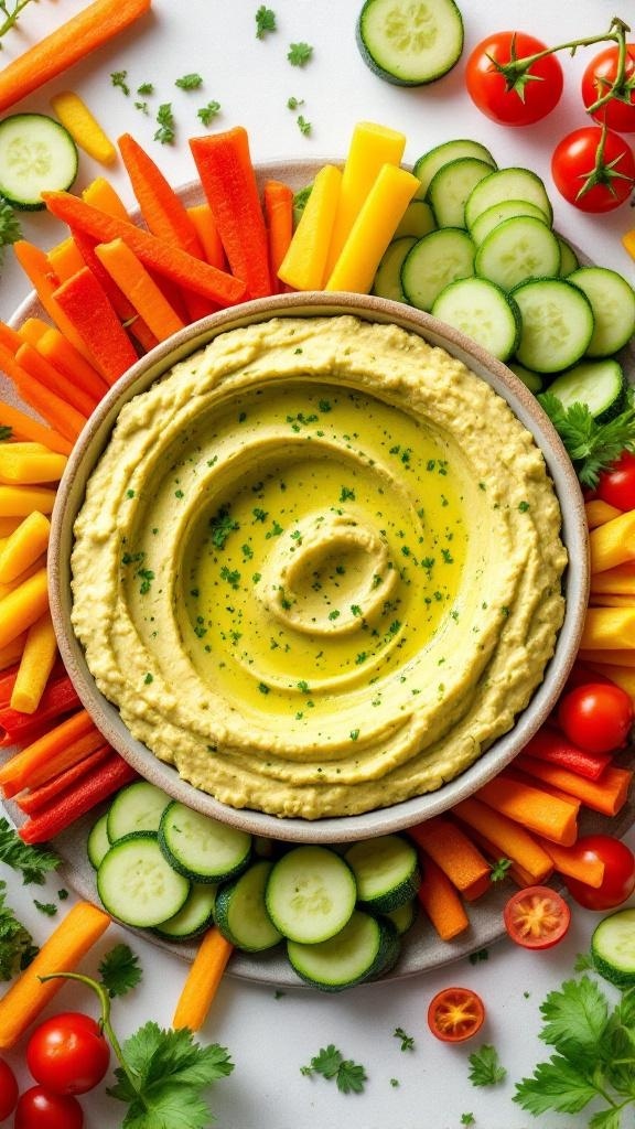 A bowl of zucchini hummus surrounded by colorful veggie sticks including carrots, bell peppers, and cucumbers.