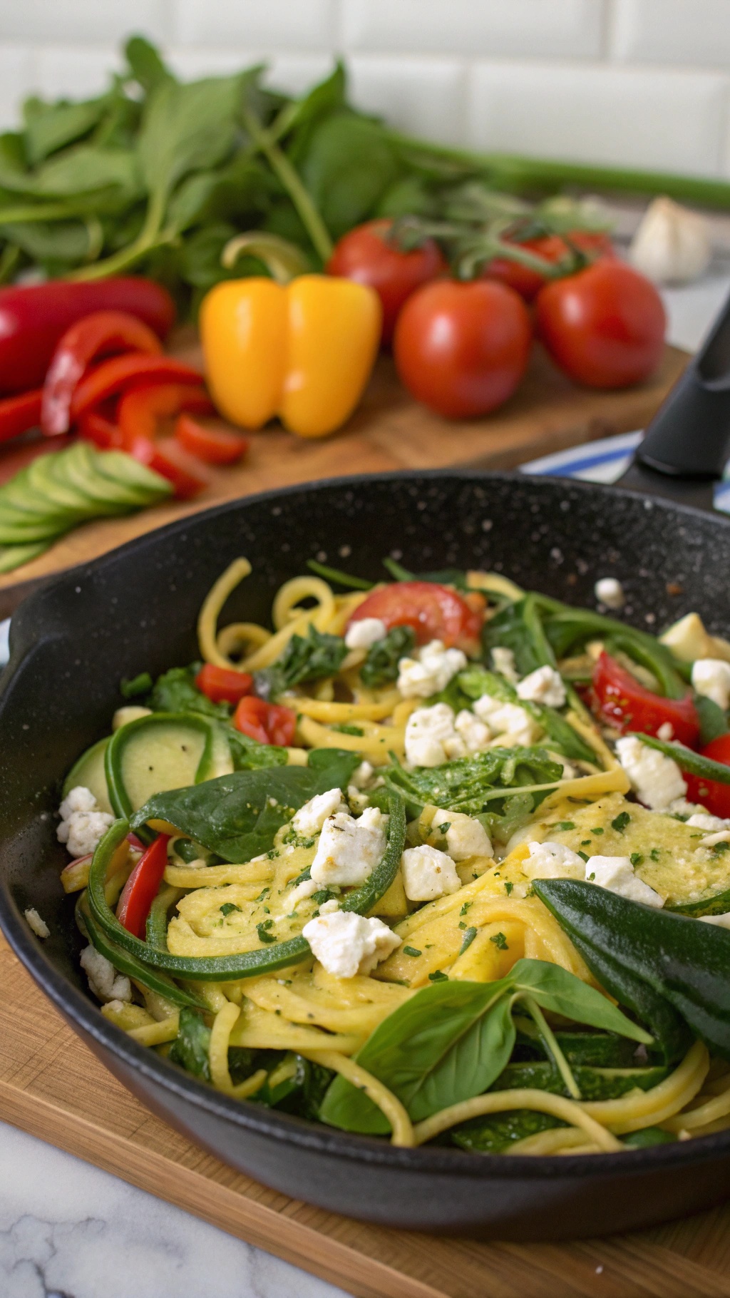 A skillet filled with zucchini noodles, eggs, spinach, and colorful vegetables.