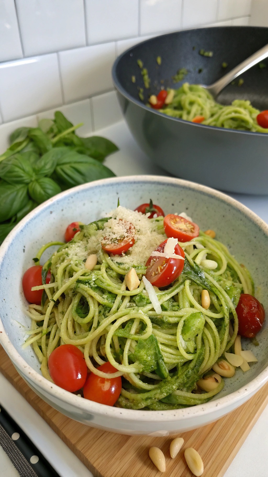 A bowl of zucchini noodles with pesto and cherry tomatoes, garnished with pine nuts and Parmesan cheese.