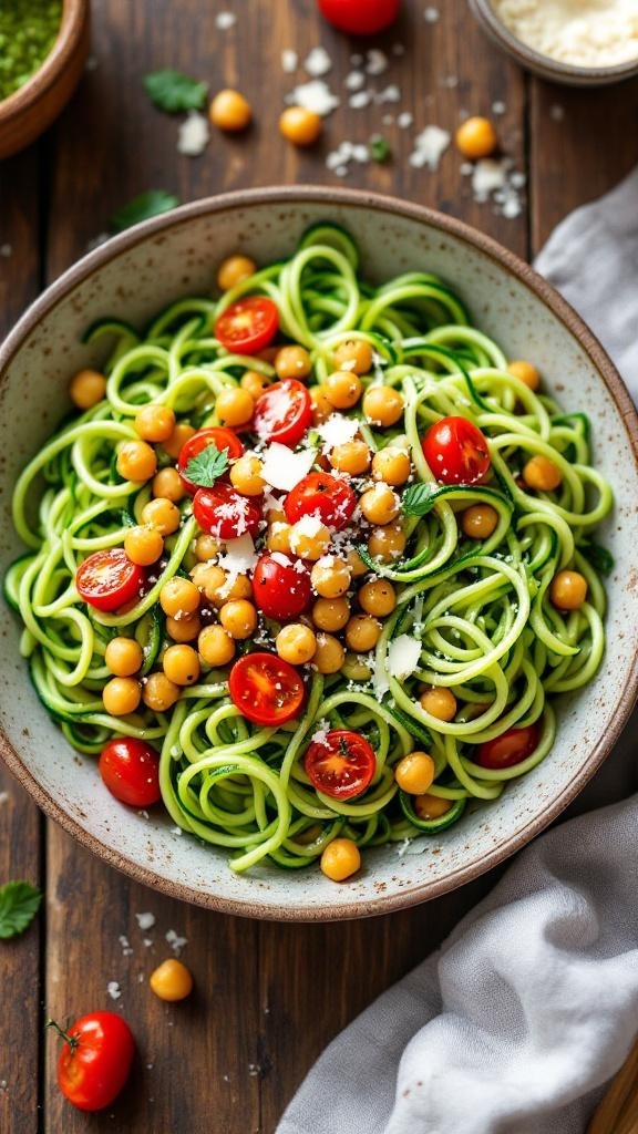 A bowl of zucchini noodles topped with pesto, chickpeas, and cherry tomatoes.