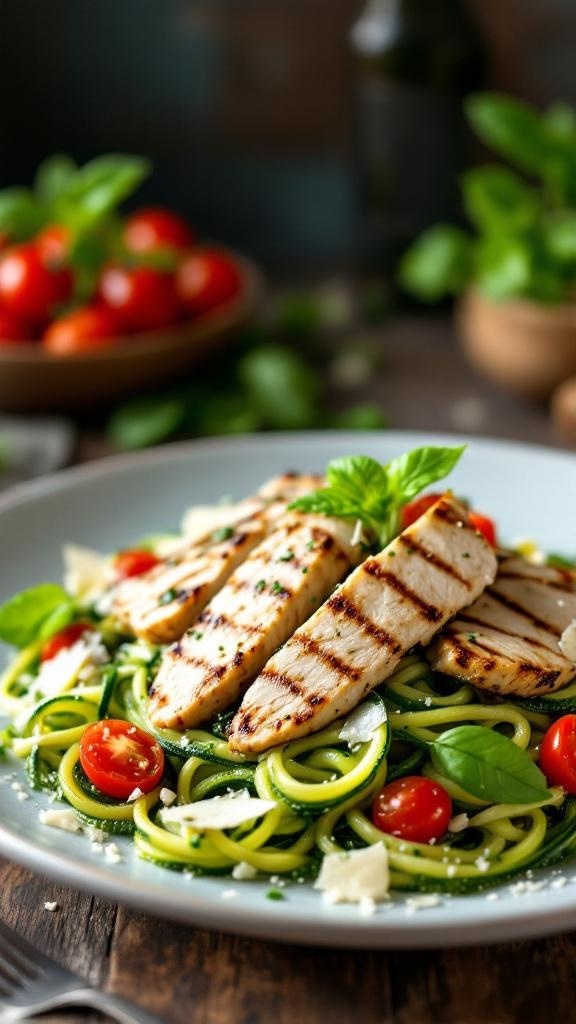 A plate of zucchini noodles topped with grilled chicken, cherry tomatoes, and pesto.