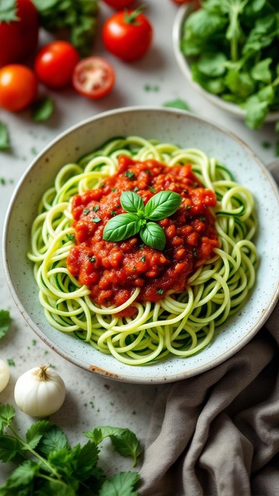 A bowl of zucchini noodles topped with spicy marinara sauce and fresh basil, surrounded by tomatoes and greens.