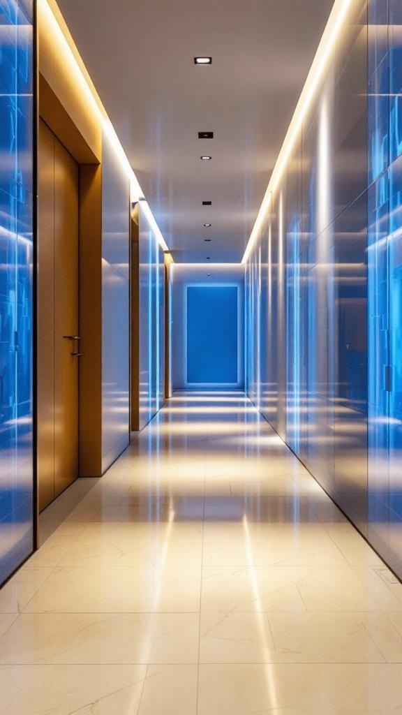 A modern blue hallway with accent lighting highlighting the decor