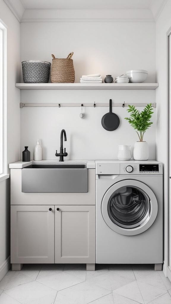 A small laundry room featuring a utility sink and washing machine, designed for convenience and style.