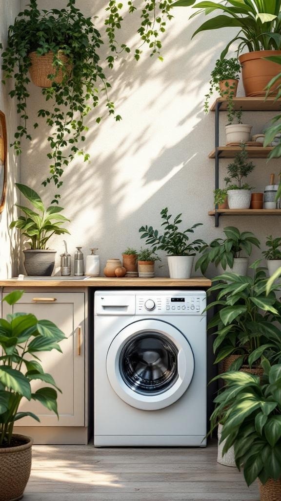 A small laundry room with a washing machine, wooden countertop, and various plants adding greenery and freshness.