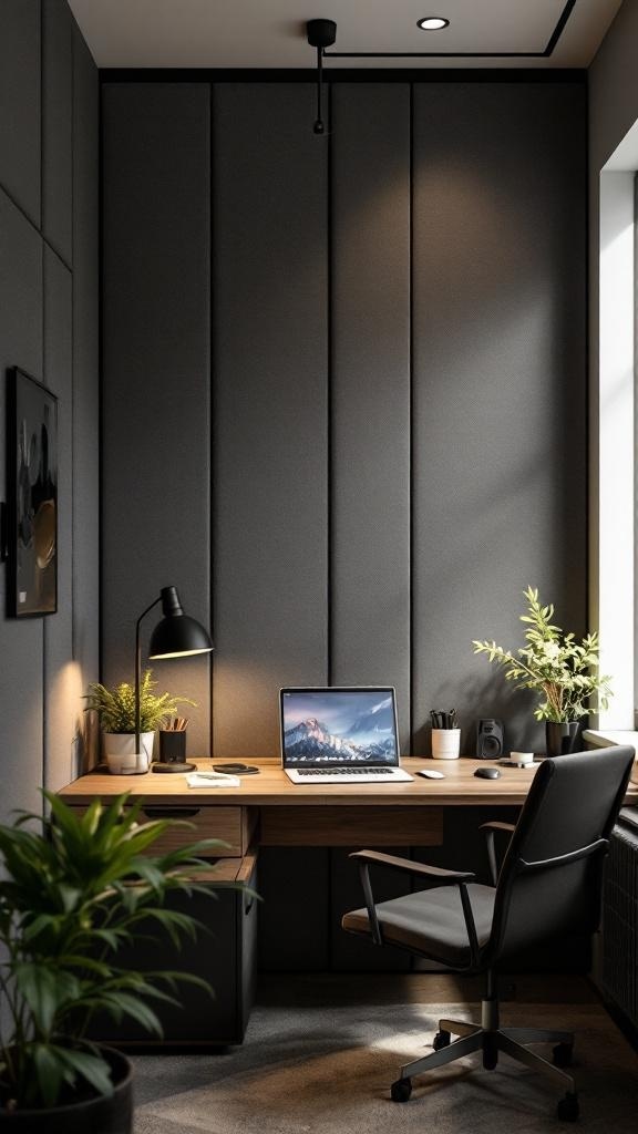 A cozy tiny home office with soundproofed walls, a desk, laptop, and plants.