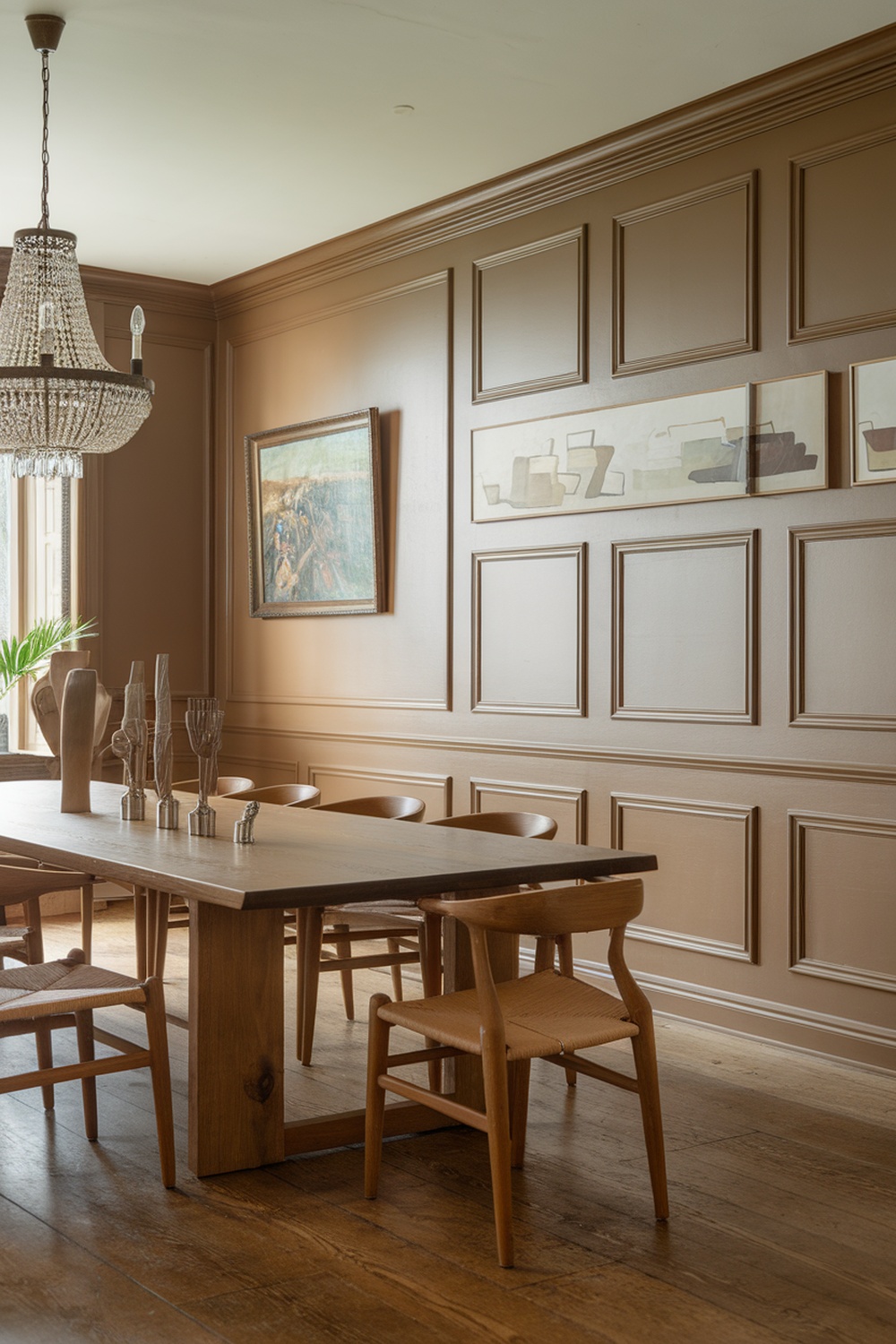 A luxurious dining room featuring warm-toned walls with elegant paneling, a wooden table, stylish chairs, and a chandelier.