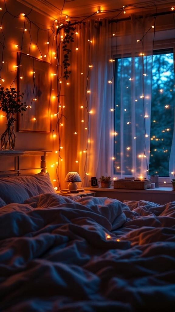 Cozy bedroom with warm ambient lighting from fairy lights and a bedside lamp