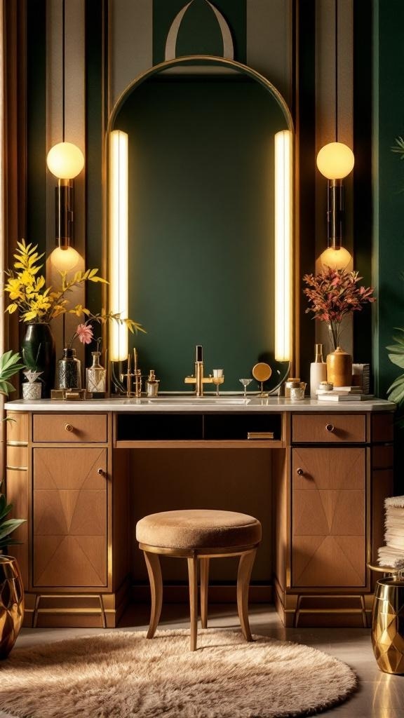 Art Deco style vanity with a mirror, warm wood tones, and elegant lighting.