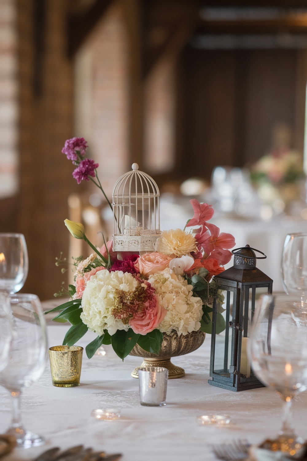 A beautiful dining table centerpiece featuring flowers, a birdcage, and a lantern.