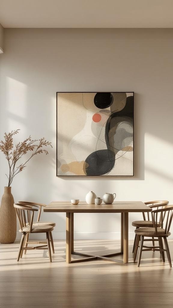 Minimalist dining room with abstract wall art and wooden furniture
