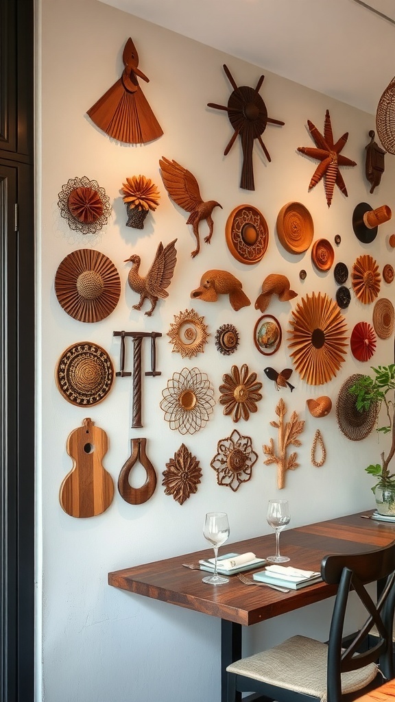 A dining room wall decorated with various artisan crafts, including clocks, paintings, and vintage items, creating a warm atmosphere.
