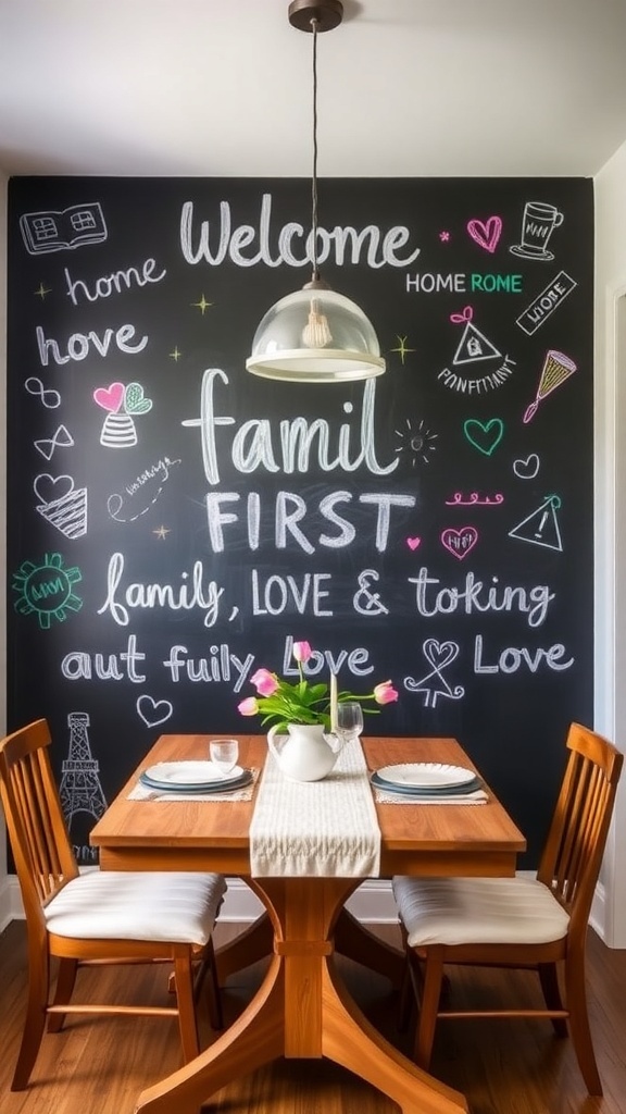 A dining room with a chalkboard wall filled with doodles and sketches, accompanied by a wooden table and plants.