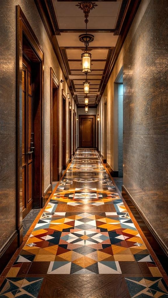 A narrow hallway with artistic patterned flooring and warm lighting.