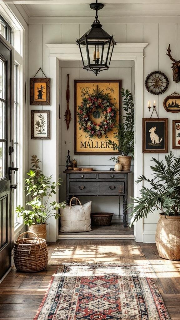 A cozy farmhouse entryway featuring a lantern, wall art, a wreath, plants, and vintage furniture.