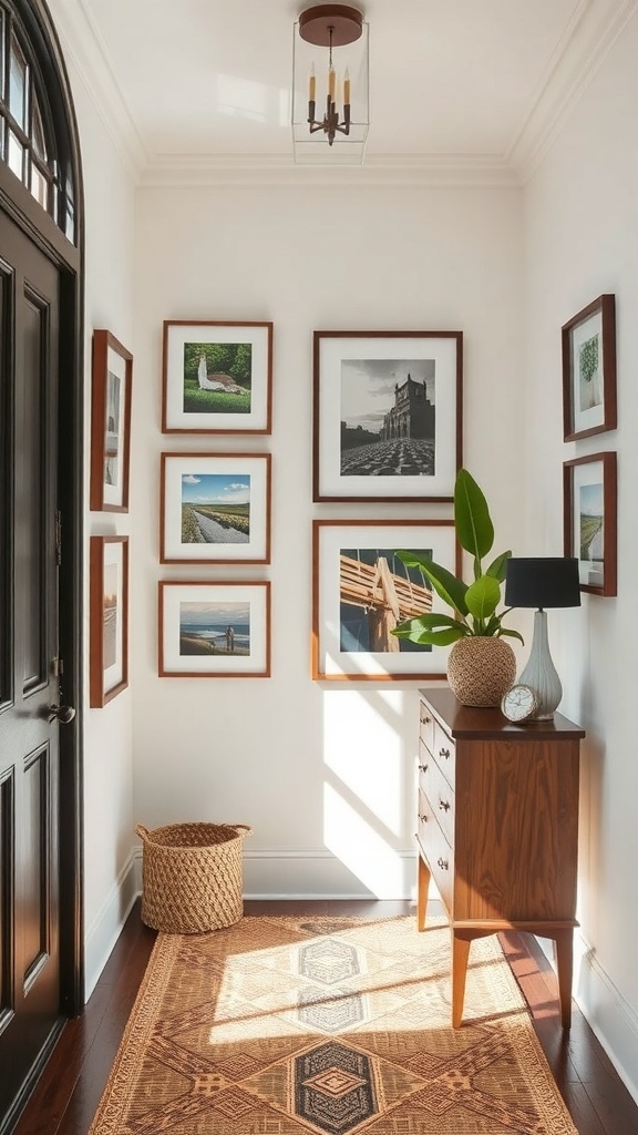 Stylish apartment entryway with artistic wall decor, featuring framed art and a cozy bench.