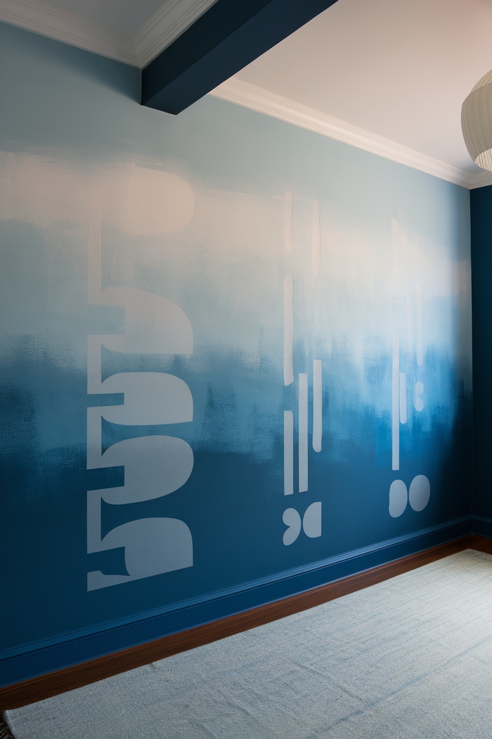 Artistic wall paint with a gradient blue background and abstract white shapes.