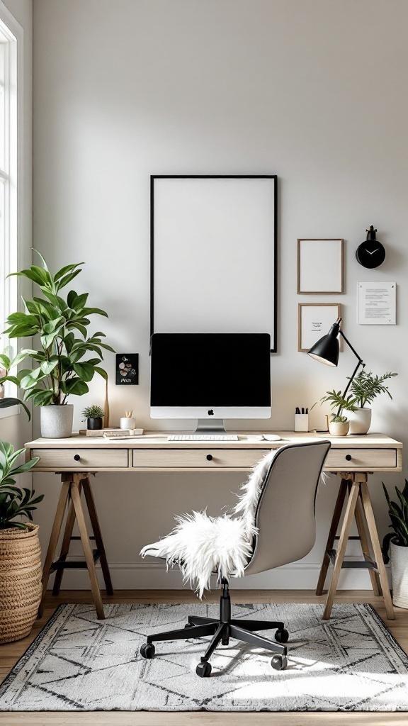 A stylish Japandi home office featuring a minimalist desk, computer, and plants.