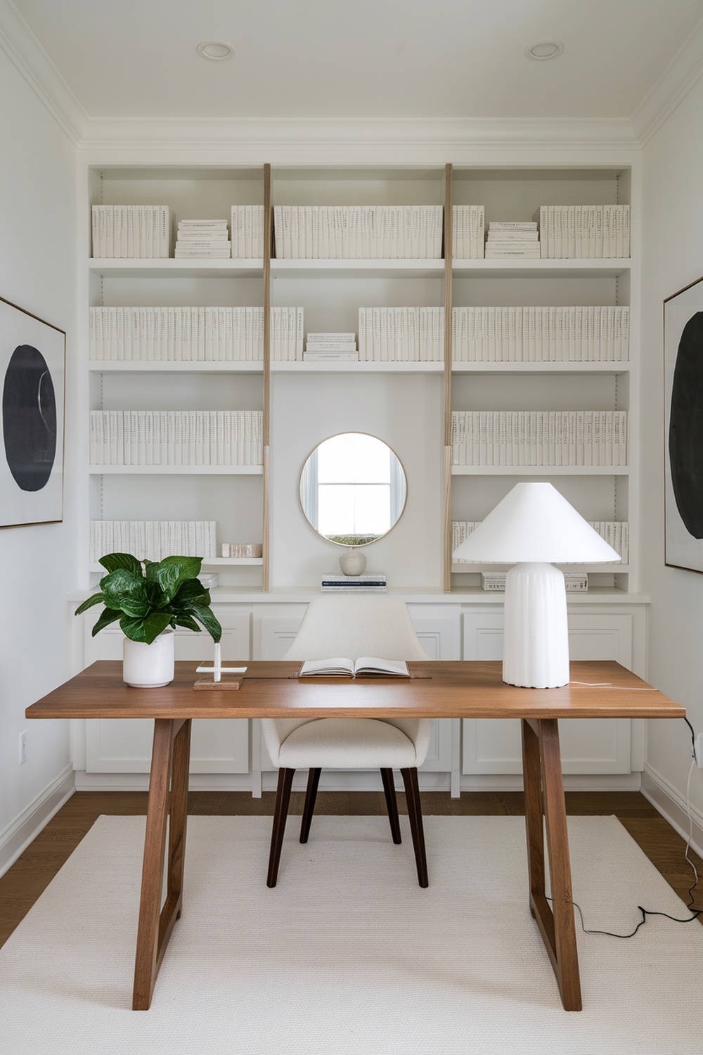 A minimalist home office with a wooden desk, a plant, a lamp, and organized shelves.