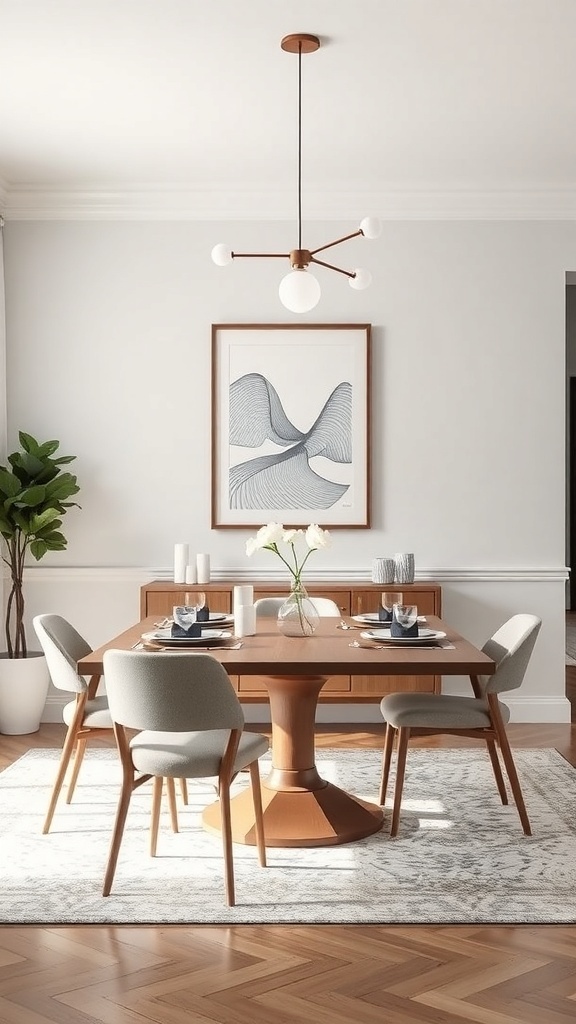 A minimalist dining room with a wooden table, stylish chairs, and a plant.
