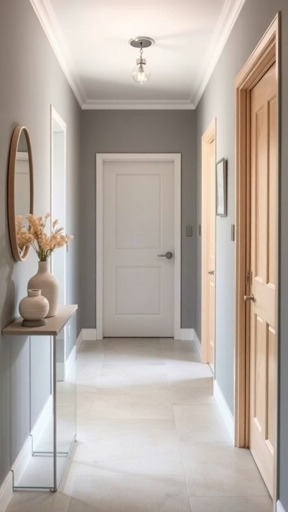 Stylish grey hallway with wooden accents and neutral decor