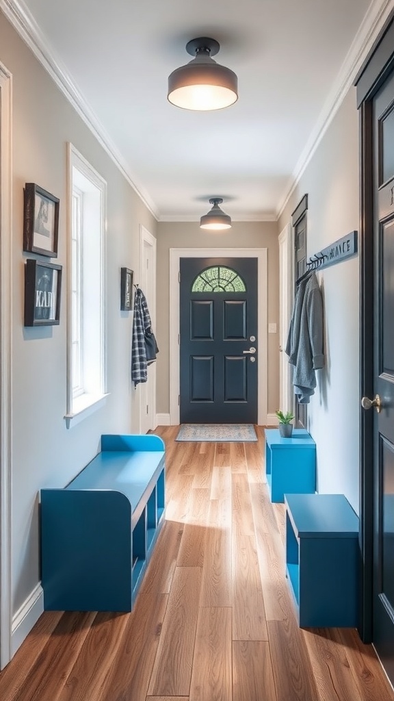 Modern blue hallway with benches and coat hooks